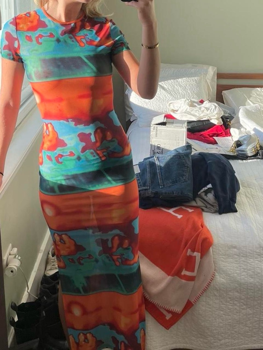 Miaou Multicolor Orange & Turquoise Abstract Print Maxi Dress